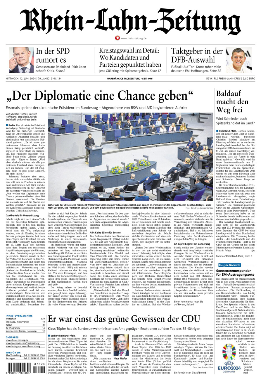 Rhein-Lahn-Zeitung vom Mittwoch, 12.06.2024