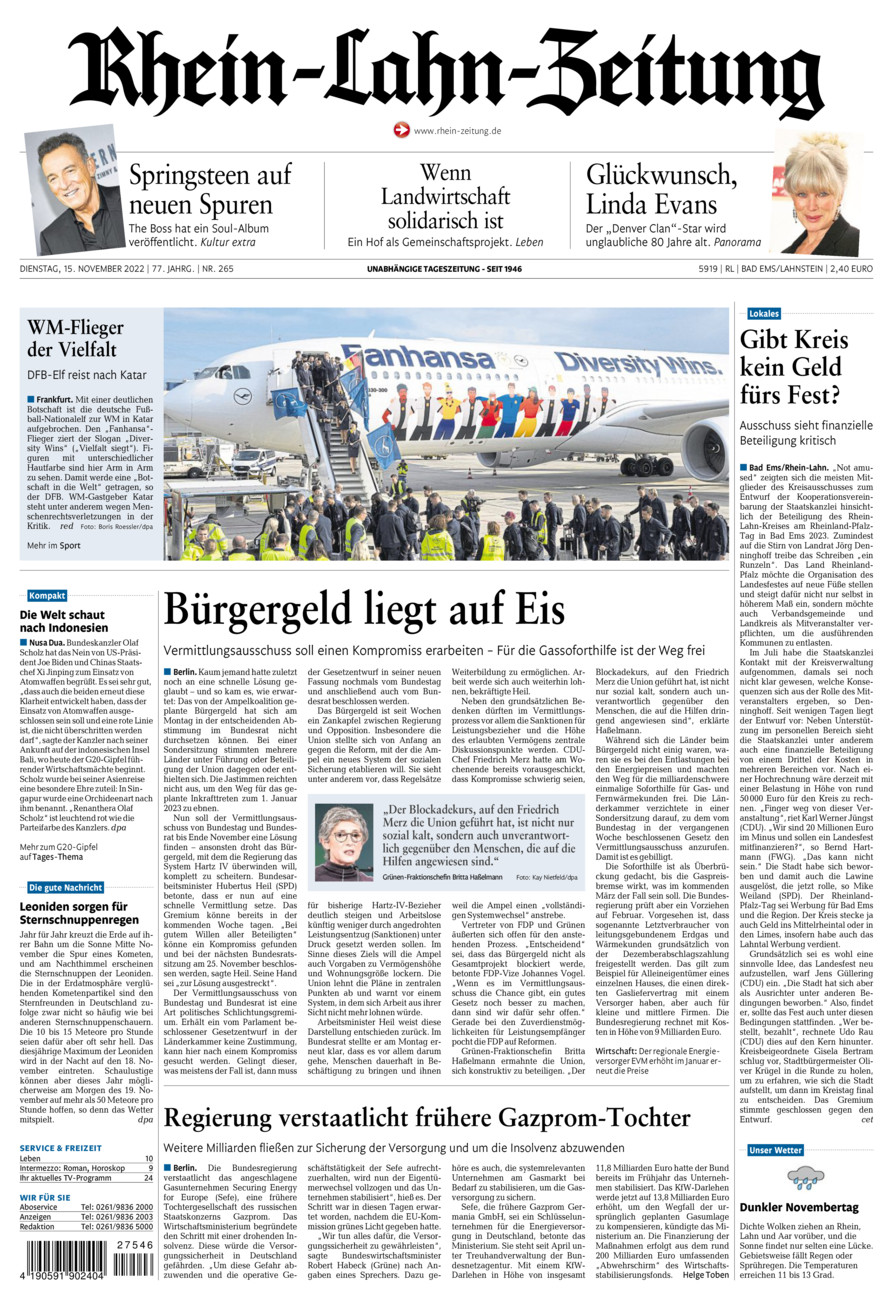 Rhein-Lahn-Zeitung vom Dienstag, 15.11.2022