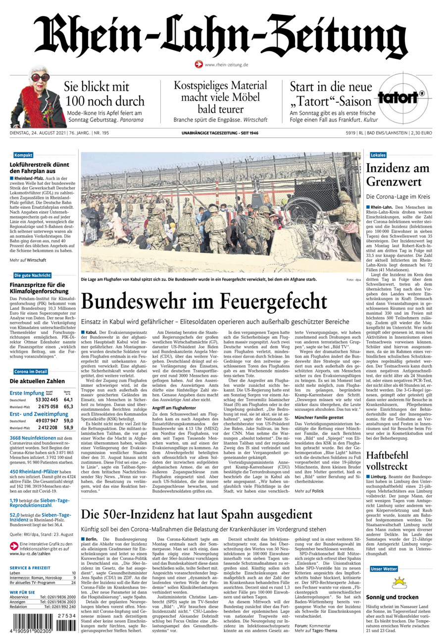 Rhein-Lahn-Zeitung vom Dienstag, 24.08.2021
