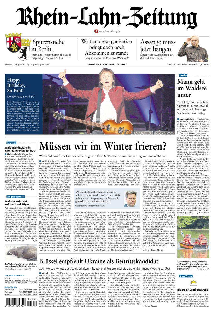 Rhein-Lahn-Zeitung vom Samstag, 18.06.2022