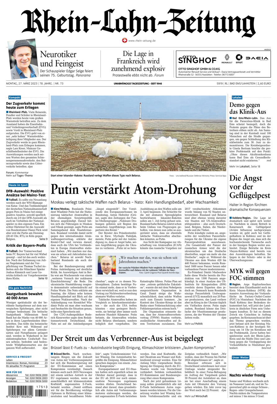 Rhein-Lahn-Zeitung vom Montag, 27.03.2023