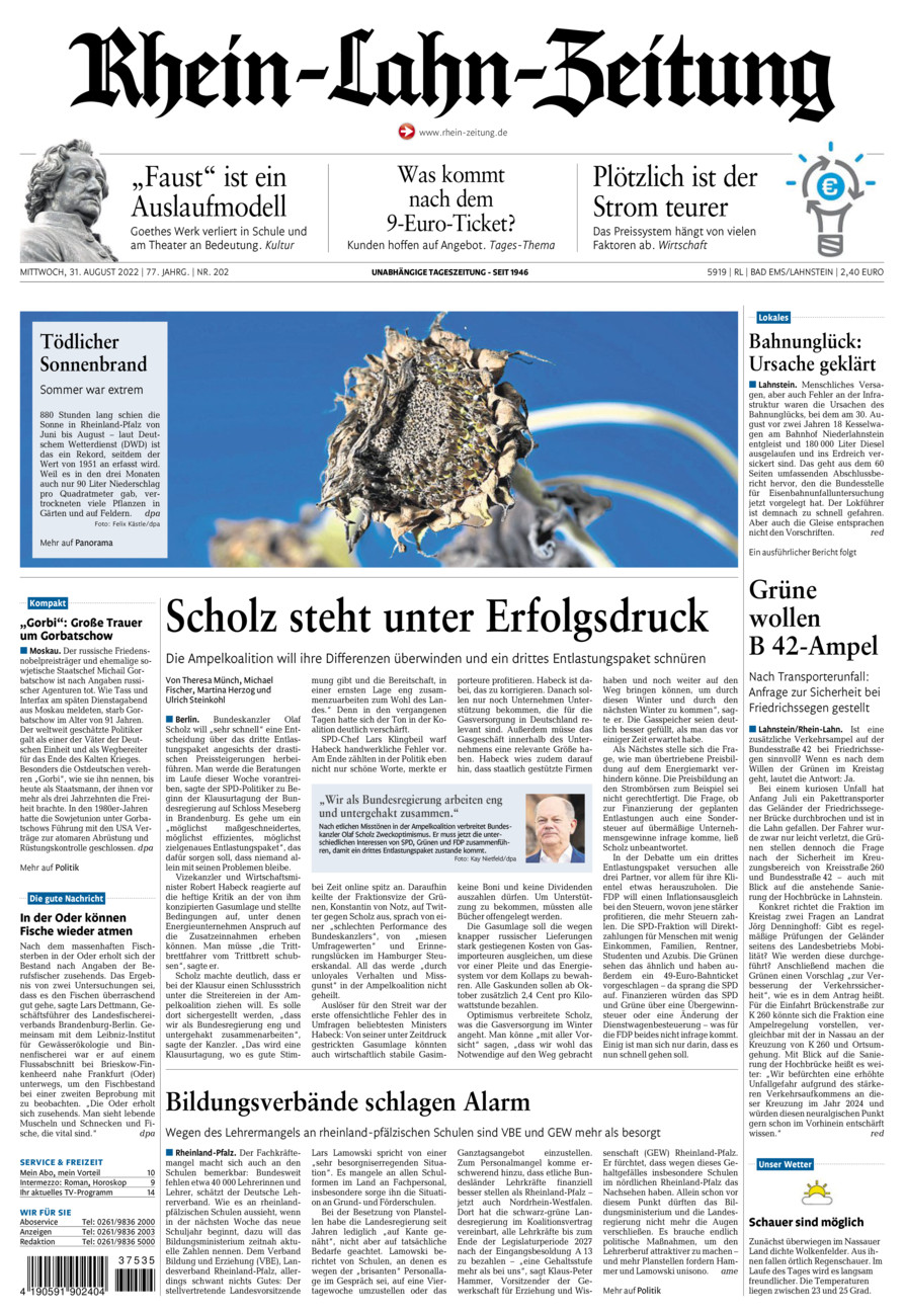 Rhein-Lahn-Zeitung vom Mittwoch, 31.08.2022