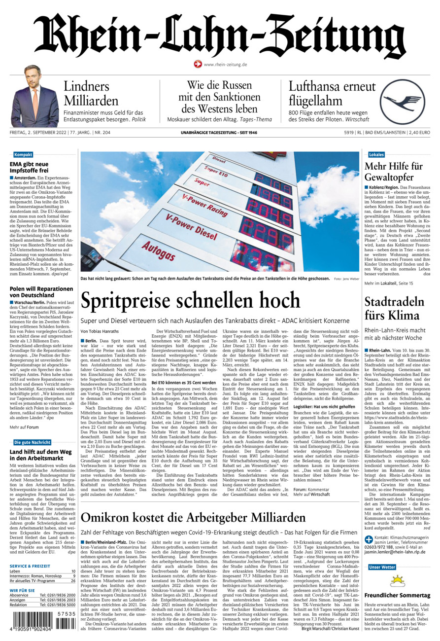 Rhein-Lahn-Zeitung vom Freitag, 02.09.2022