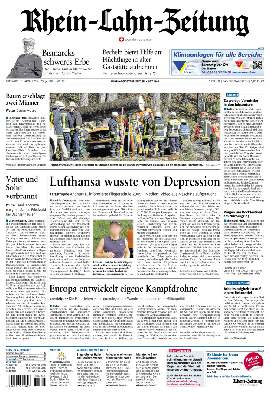 Rhein-Lahn-Zeitung vom Mittwoch, 01.04.2015