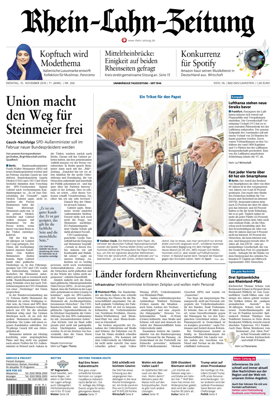 Rhein-Lahn-Zeitung vom Dienstag, 15.11.2016