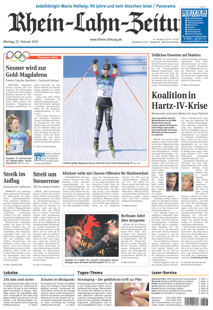 Rhein-Lahn-Zeitung vom Montag, 22.02.2010