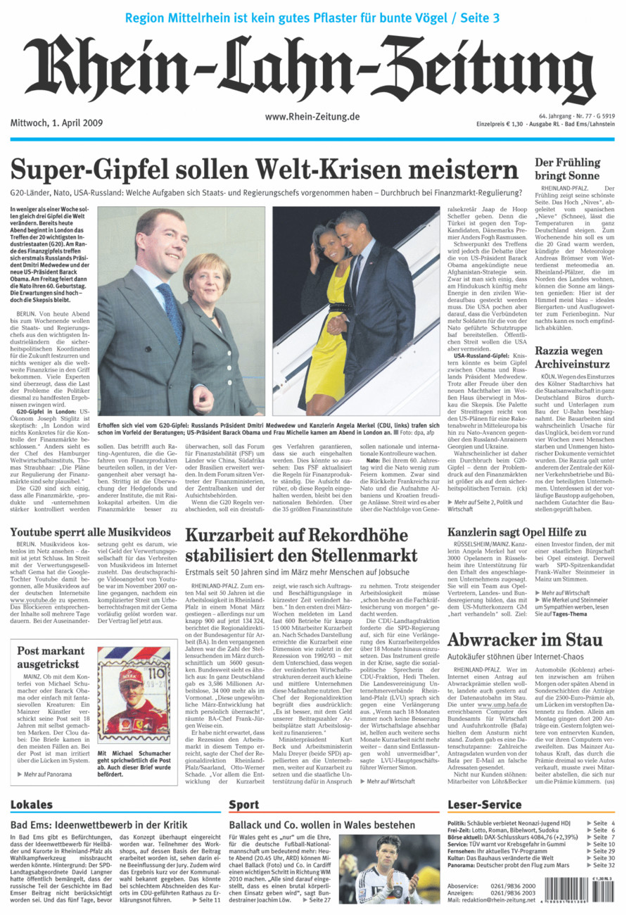 Rhein-Lahn-Zeitung vom Mittwoch, 01.04.2009