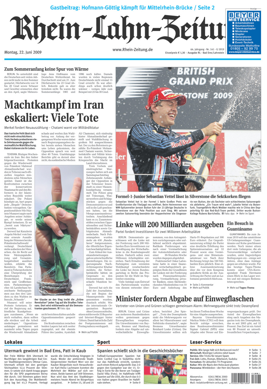 Rhein-Lahn-Zeitung vom Montag, 22.06.2009