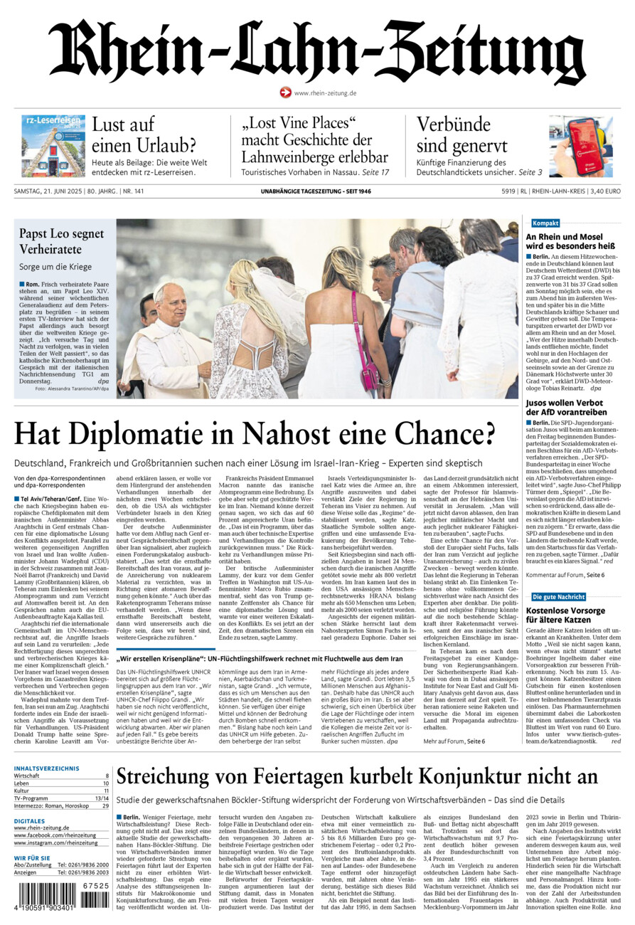 Rhein-Lahn-Zeitung vom Samstag, 21.06.2025