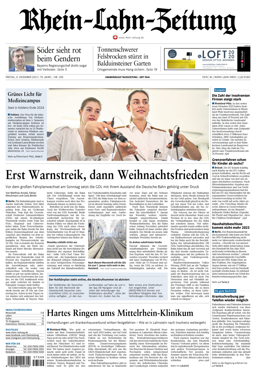 Rhein-Lahn-Zeitung vom Freitag, 08.12.2023