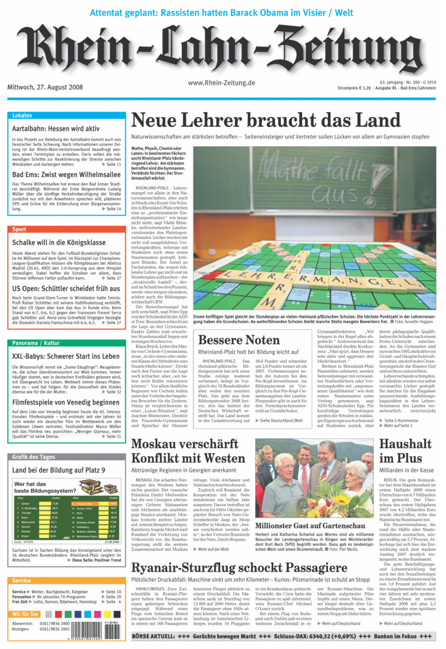 Rhein-Lahn-Zeitung vom Mittwoch, 27.08.2008