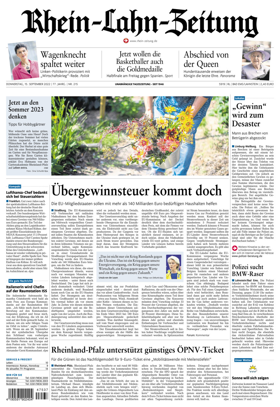 Rhein-Lahn-Zeitung vom Donnerstag, 15.09.2022