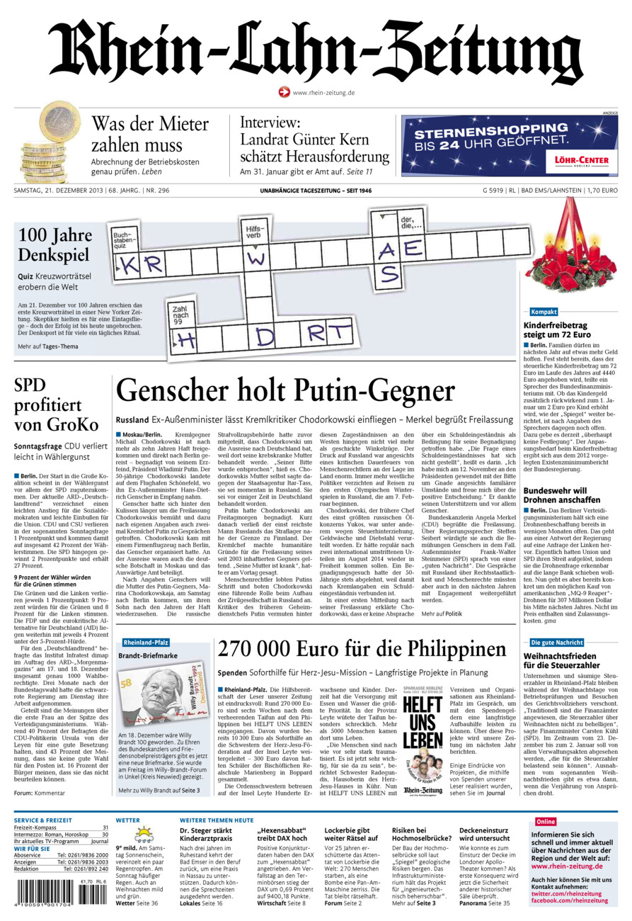 Rhein-Lahn-Zeitung vom Samstag, 21.12.2013
