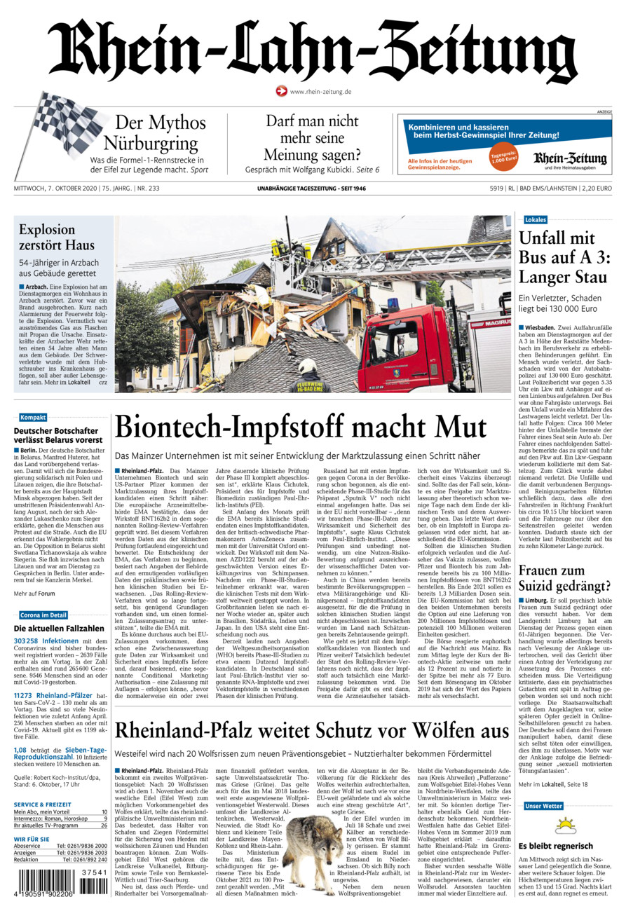 Rhein-Lahn-Zeitung vom Mittwoch, 07.10.2020