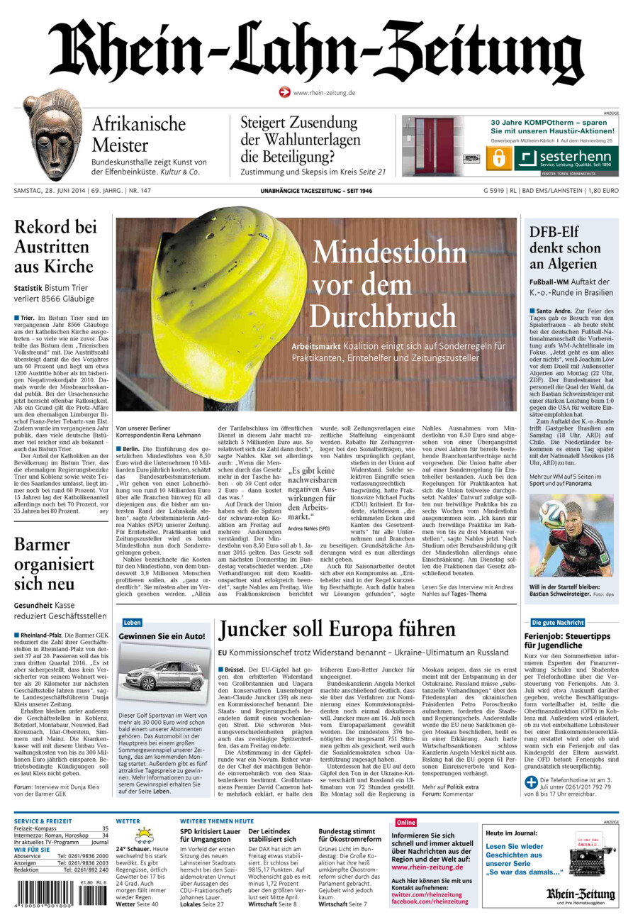 Rhein-Lahn-Zeitung vom Samstag, 28.06.2014