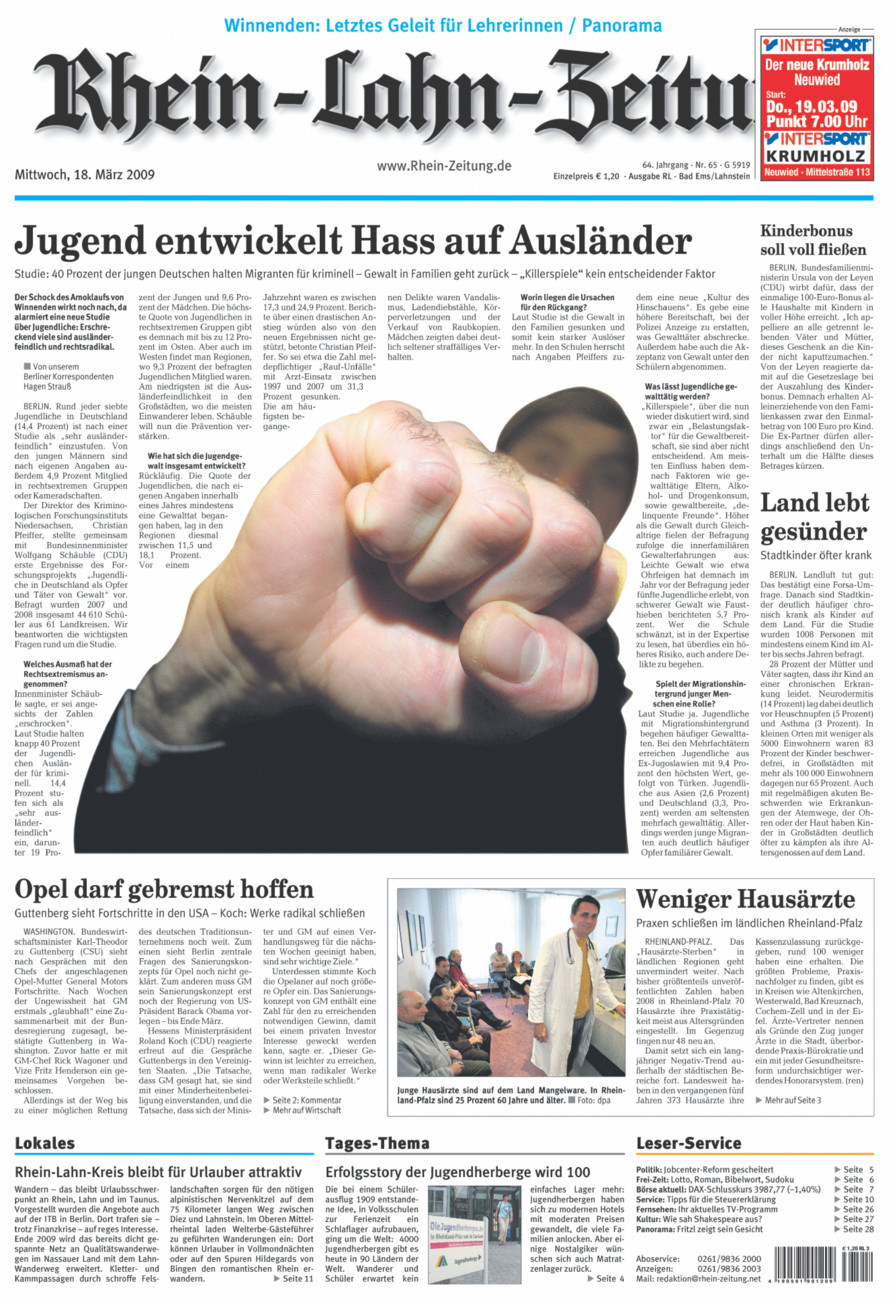 Rhein-Lahn-Zeitung vom Mittwoch, 18.03.2009
