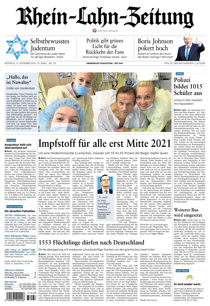 Rhein-Lahn-Zeitung vom Mittwoch, 16.09.2020