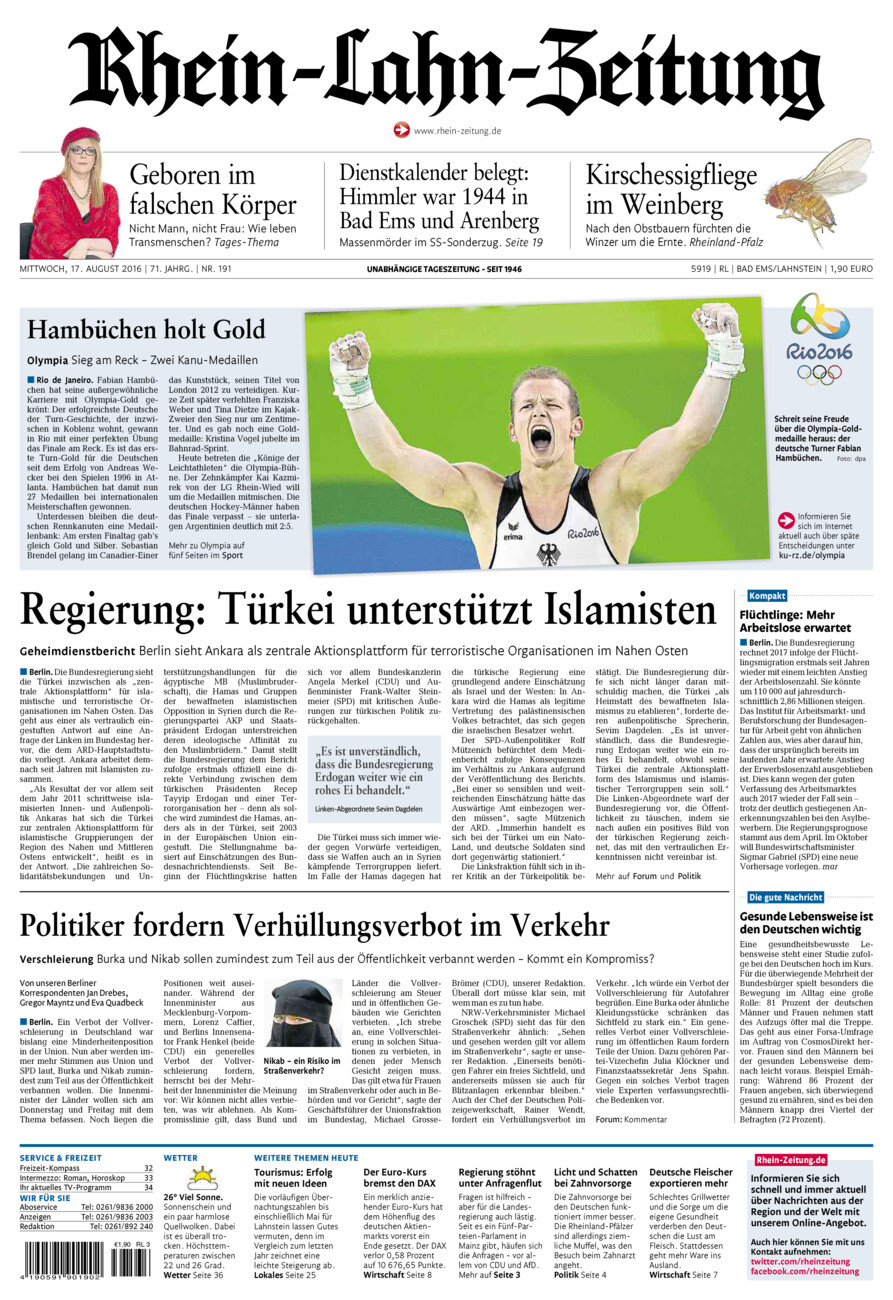 Rhein-Lahn-Zeitung vom Mittwoch, 17.08.2016
