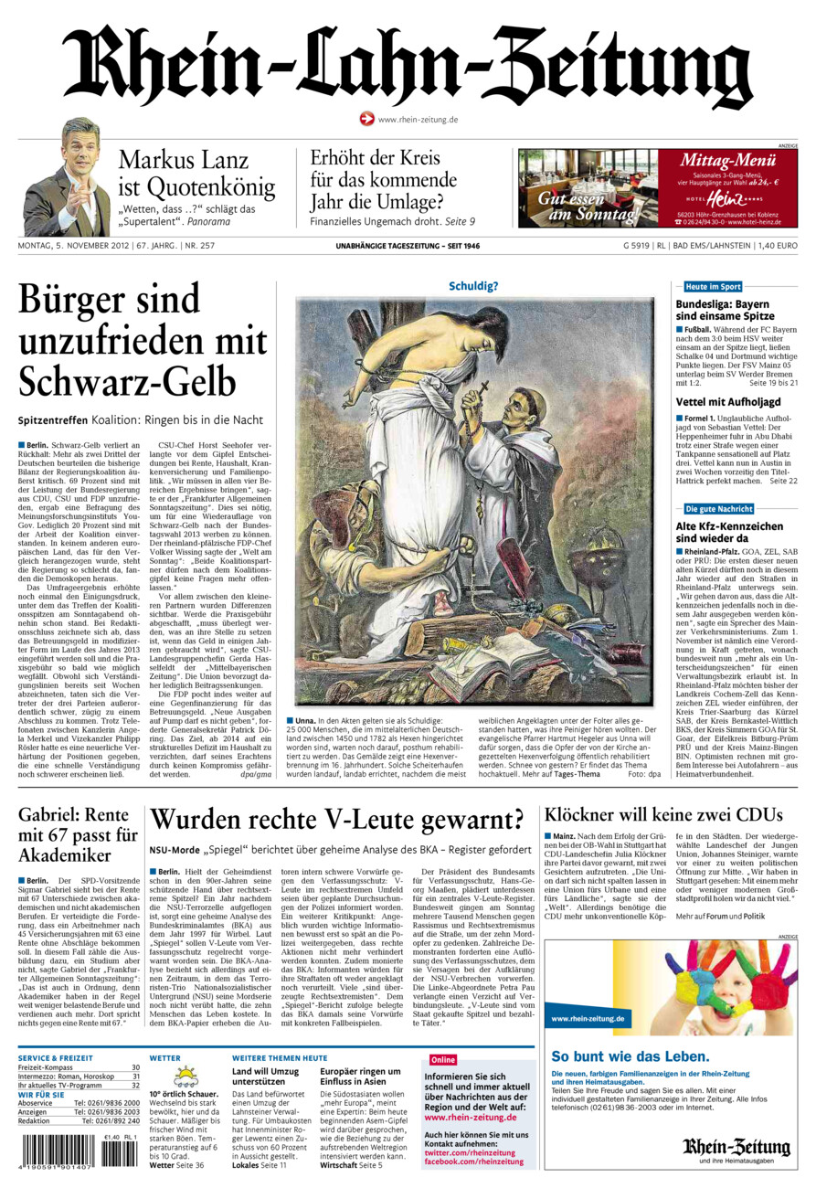 Rhein-Lahn-Zeitung vom Montag, 05.11.2012