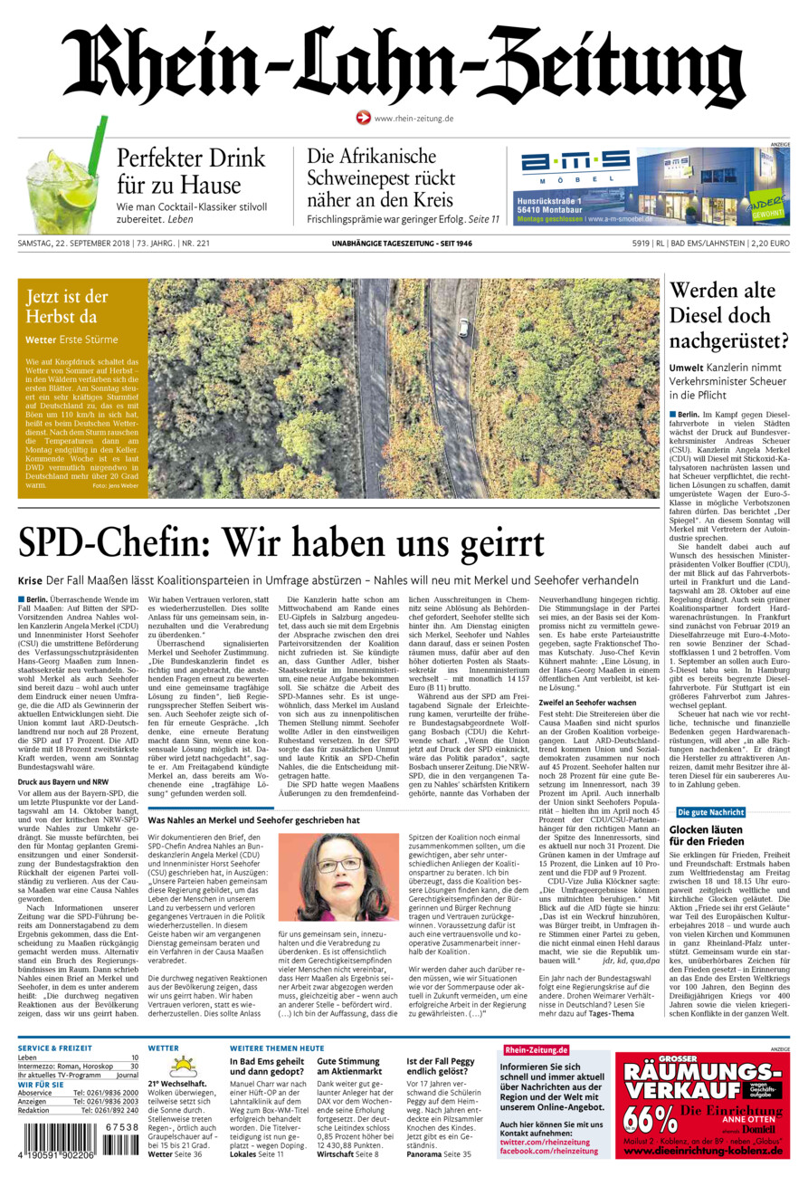 Rhein-Lahn-Zeitung vom Samstag, 22.09.2018