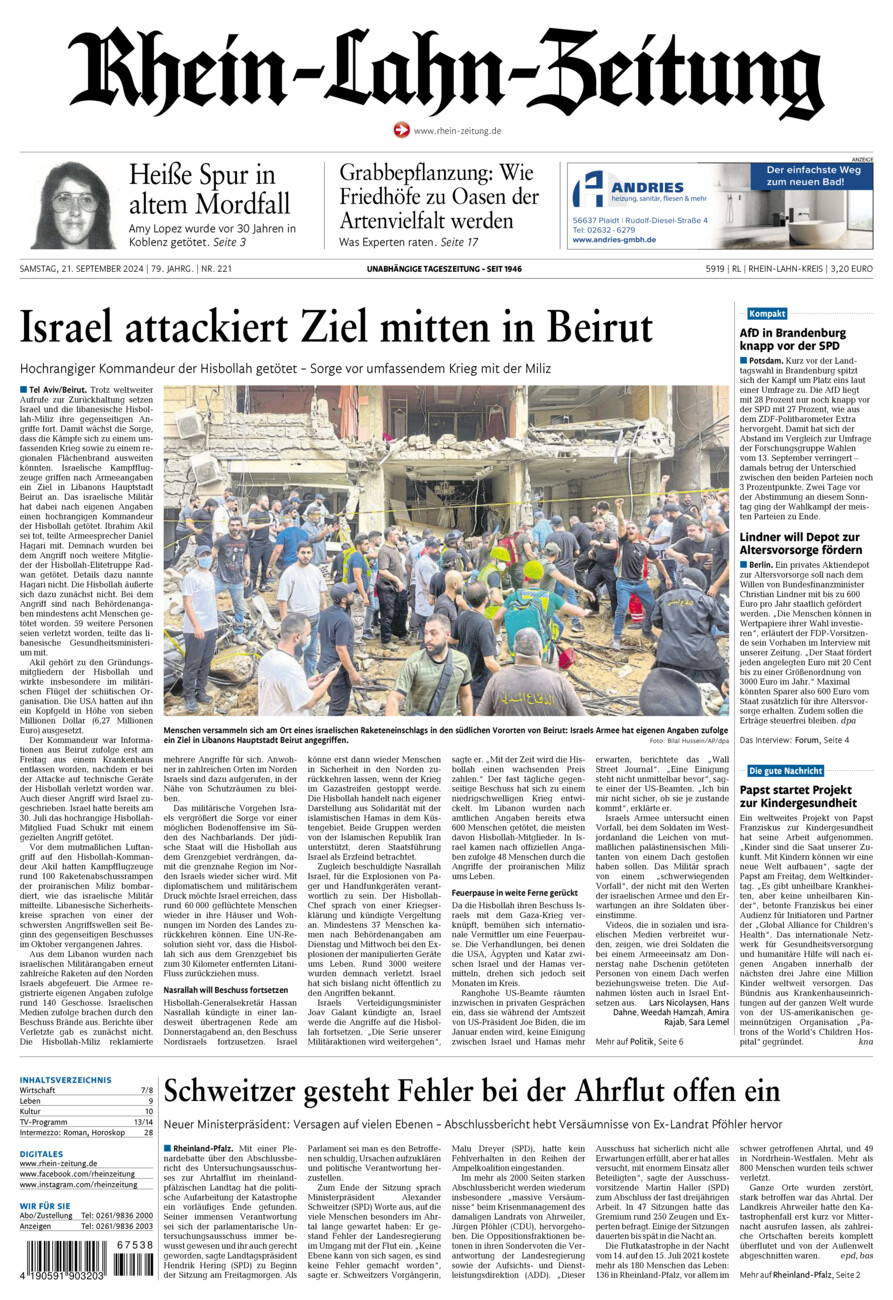 Rhein-Lahn-Zeitung vom Samstag, 21.09.2024