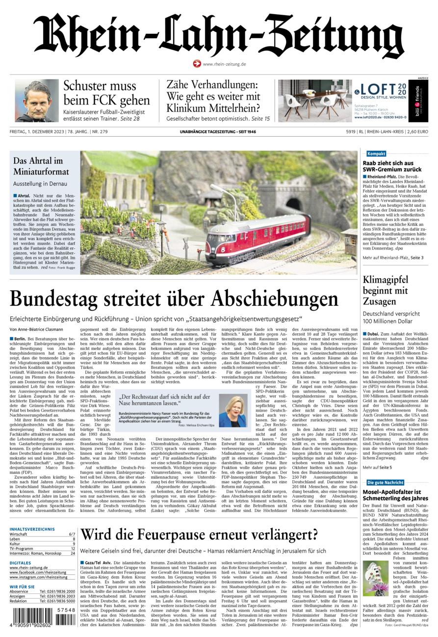 Rhein-Lahn-Zeitung vom Freitag, 01.12.2023