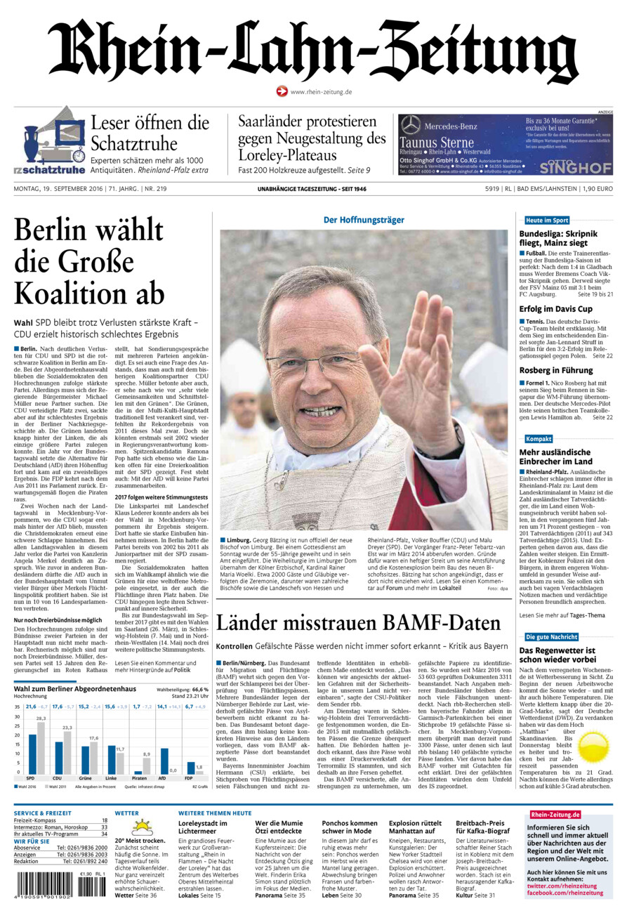 Rhein-Lahn-Zeitung vom Montag, 19.09.2016
