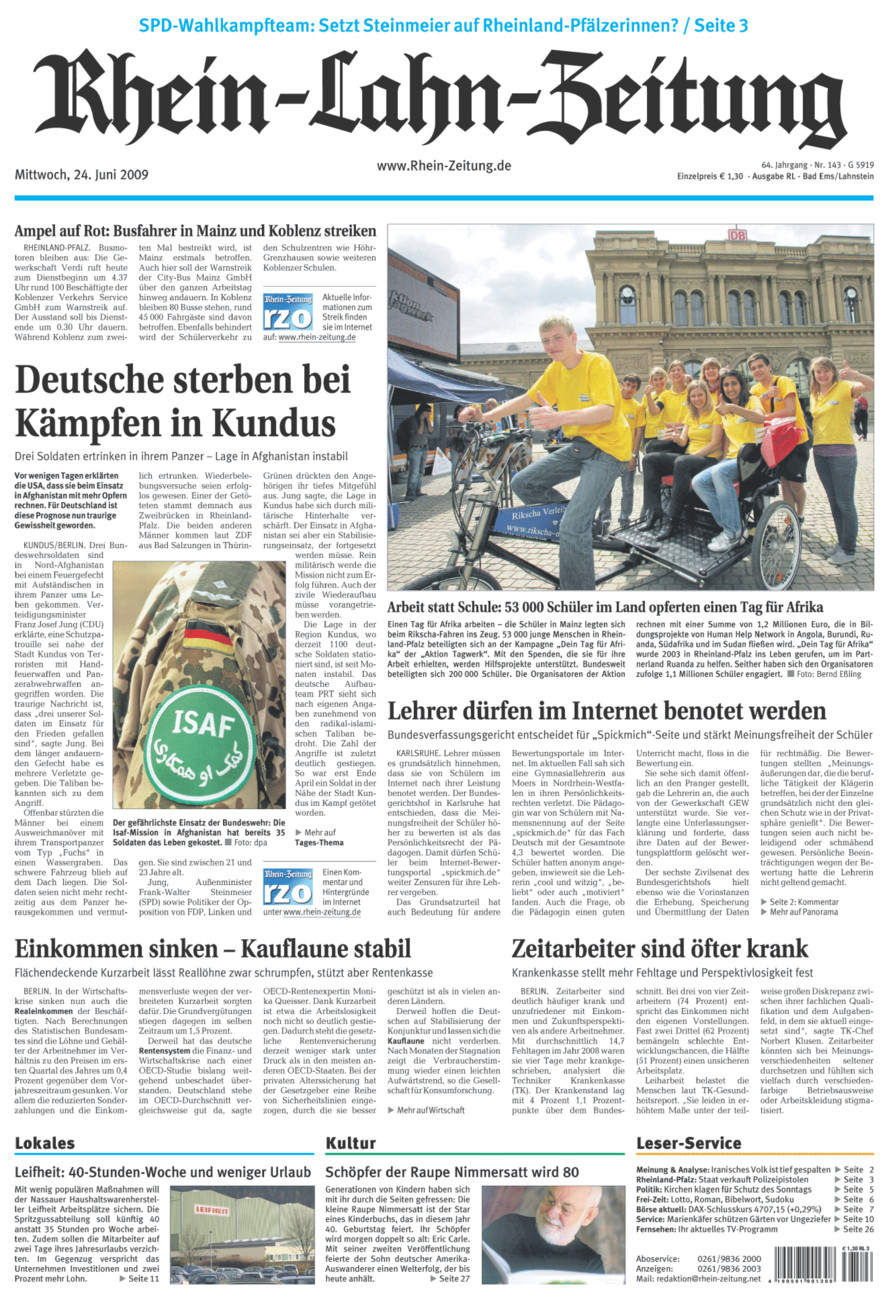 Rhein-Lahn-Zeitung vom Mittwoch, 24.06.2009