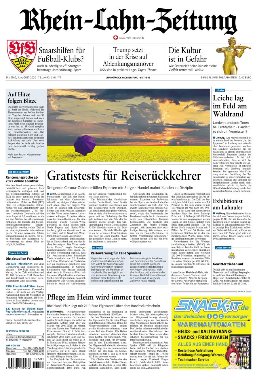Rhein-Lahn-Zeitung vom Samstag, 01.08.2020