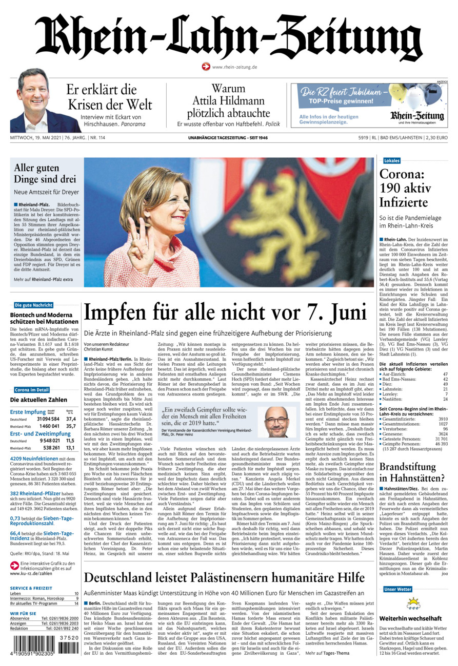 Rhein-Lahn-Zeitung vom Mittwoch, 19.05.2021