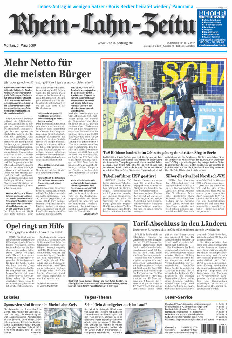 Rhein-Lahn-Zeitung vom Montag, 02.03.2009