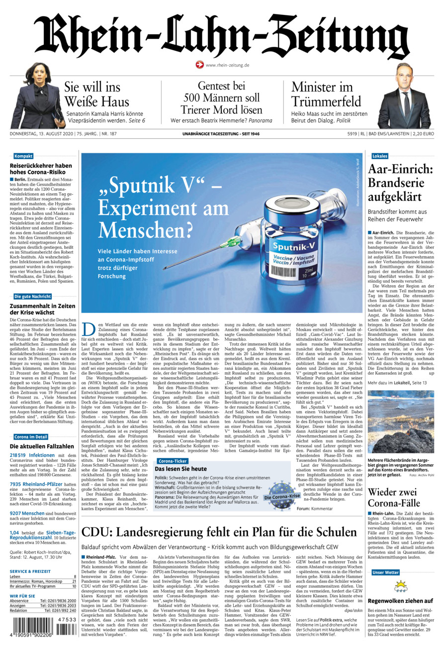 Rhein-Lahn-Zeitung vom Donnerstag, 13.08.2020