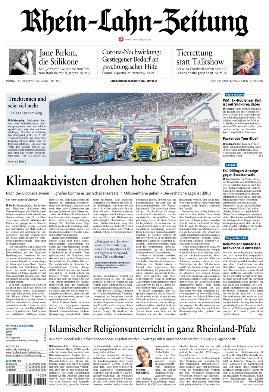 Rhein-Lahn-Zeitung vom Montag, 17.07.2023
