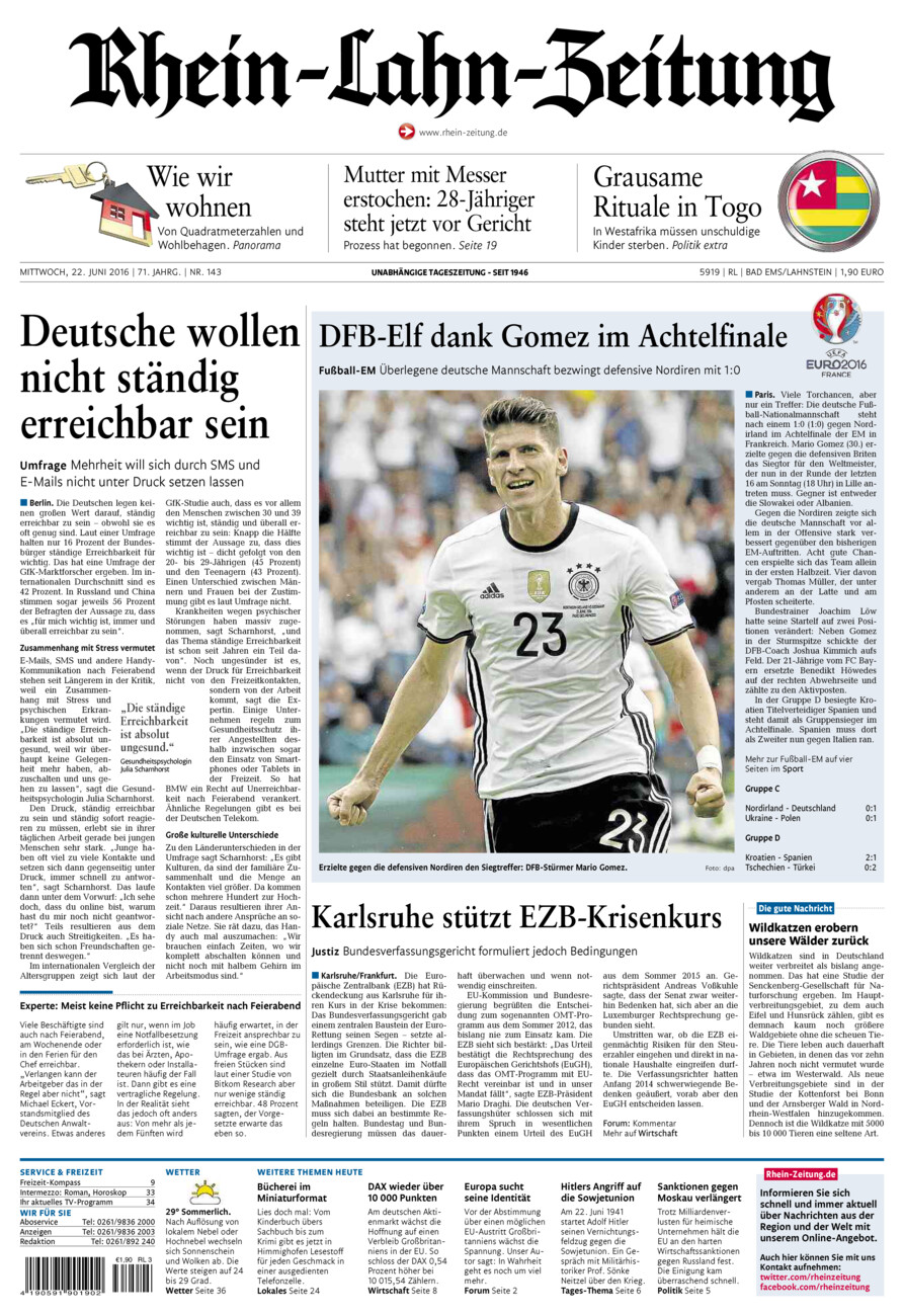 Rhein-Lahn-Zeitung vom Mittwoch, 22.06.2016
