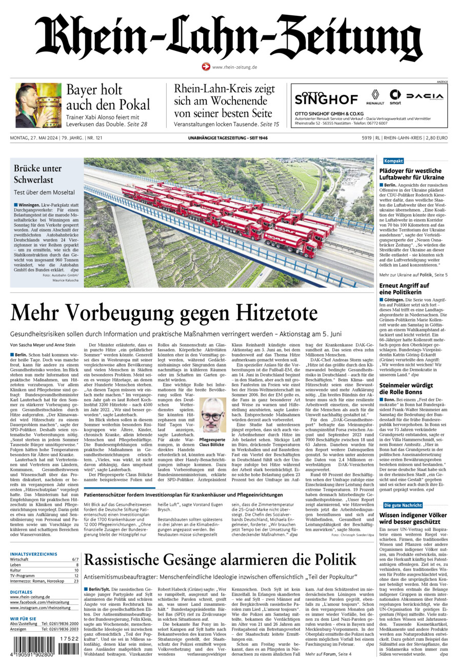 Rhein-Lahn-Zeitung vom Montag, 27.05.2024