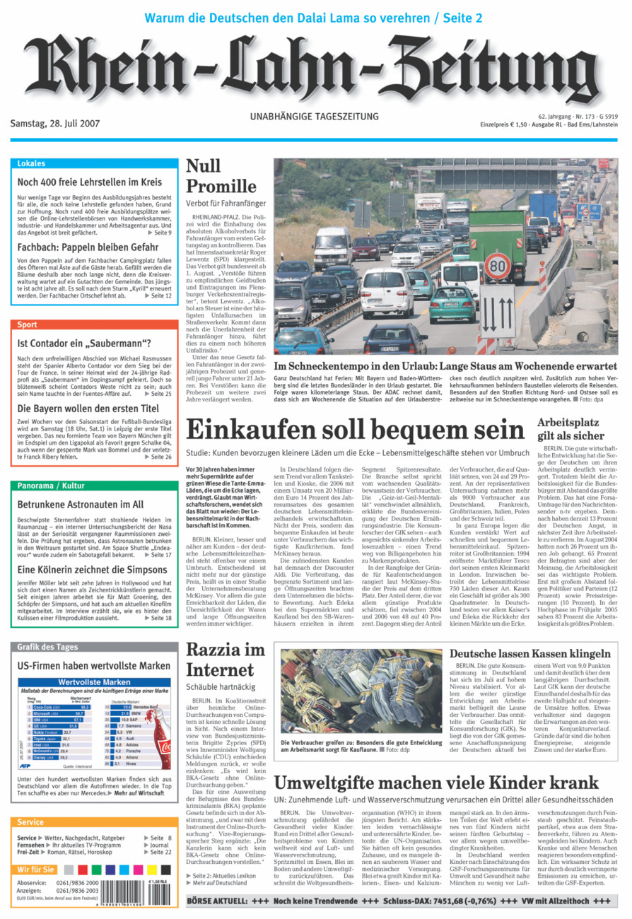 Rhein-Lahn-Zeitung vom Samstag, 28.07.2007