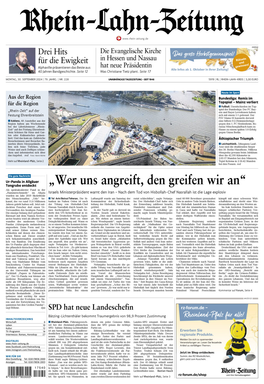 Rhein-Lahn-Zeitung vom Montag, 30.09.2024