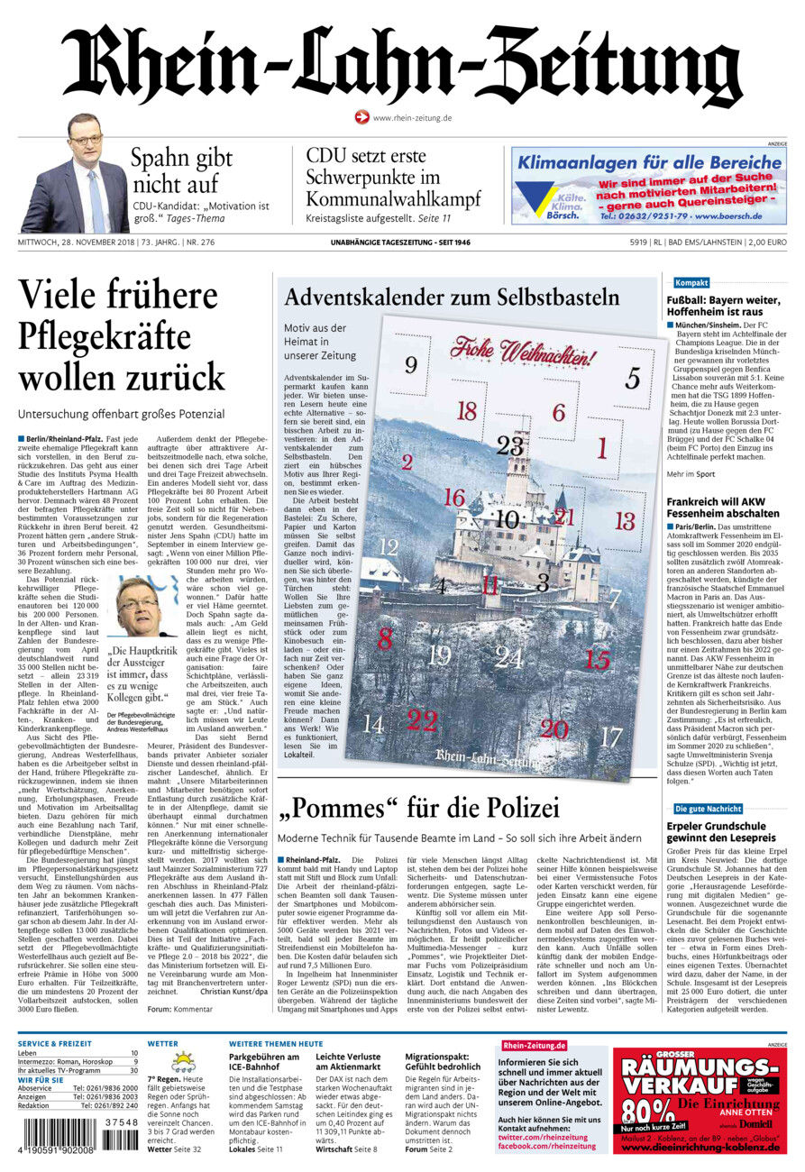 Rhein-Lahn-Zeitung vom Mittwoch, 28.11.2018