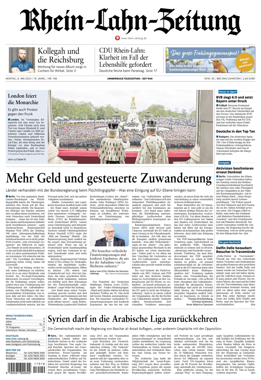 Rhein-Lahn-Zeitung vom Montag, 08.05.2023