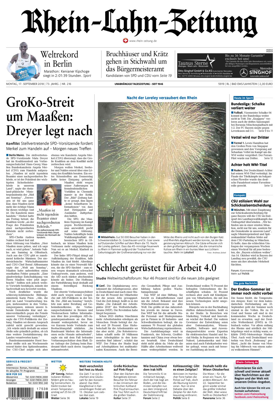 Rhein-Lahn-Zeitung vom Montag, 17.09.2018