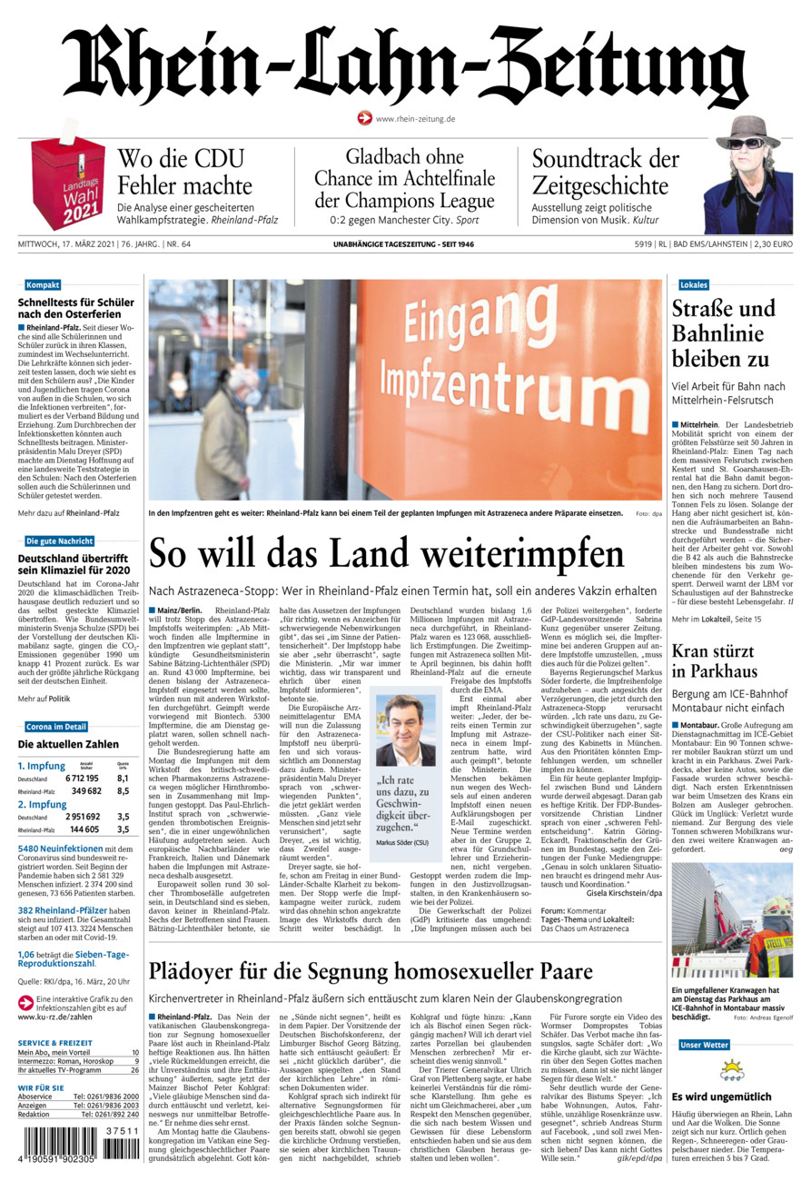 Rhein-Lahn-Zeitung vom Mittwoch, 17.03.2021