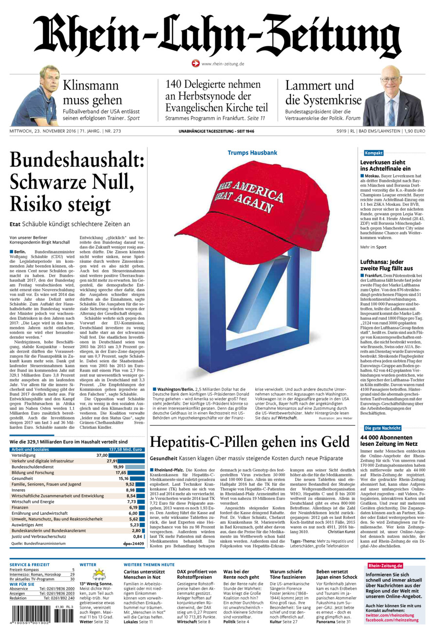 Rhein-Lahn-Zeitung vom Mittwoch, 23.11.2016