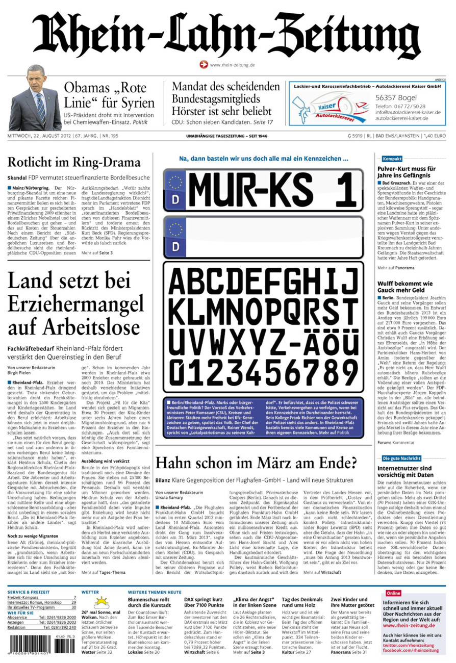Rhein-Lahn-Zeitung vom Mittwoch, 22.08.2012