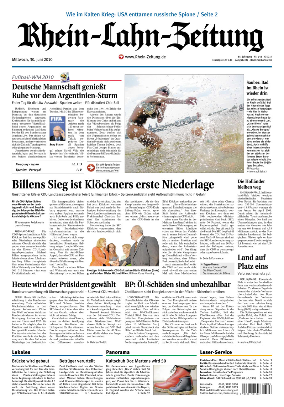 Rhein-Lahn-Zeitung vom Mittwoch, 30.06.2010