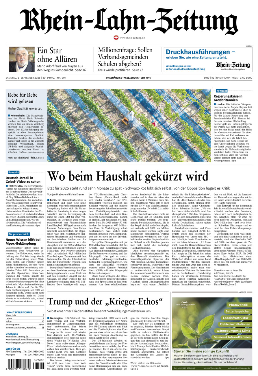 Rhein-Lahn-Zeitung vom Samstag, 06.09.2025