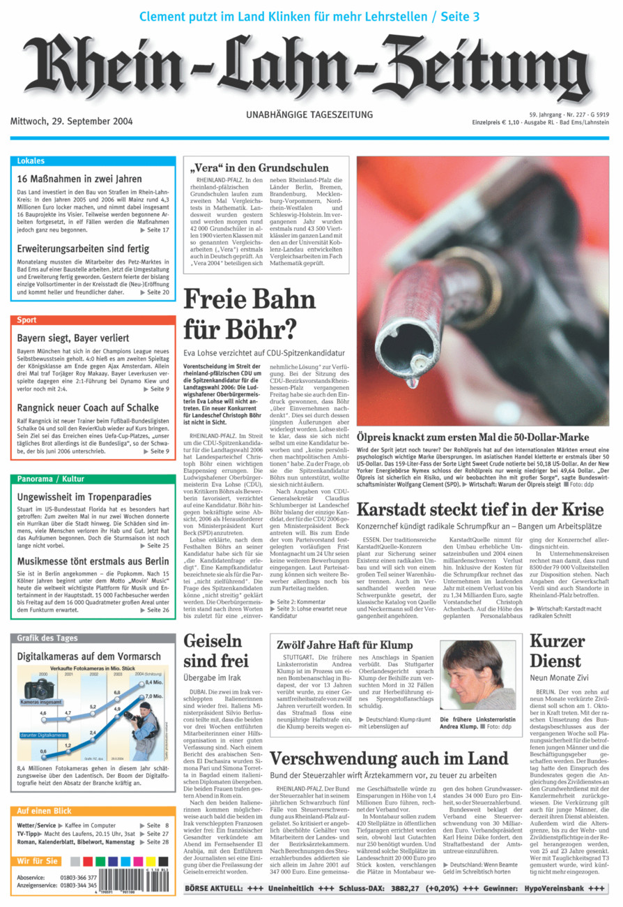 Rhein-Lahn-Zeitung vom Mittwoch, 29.09.2004