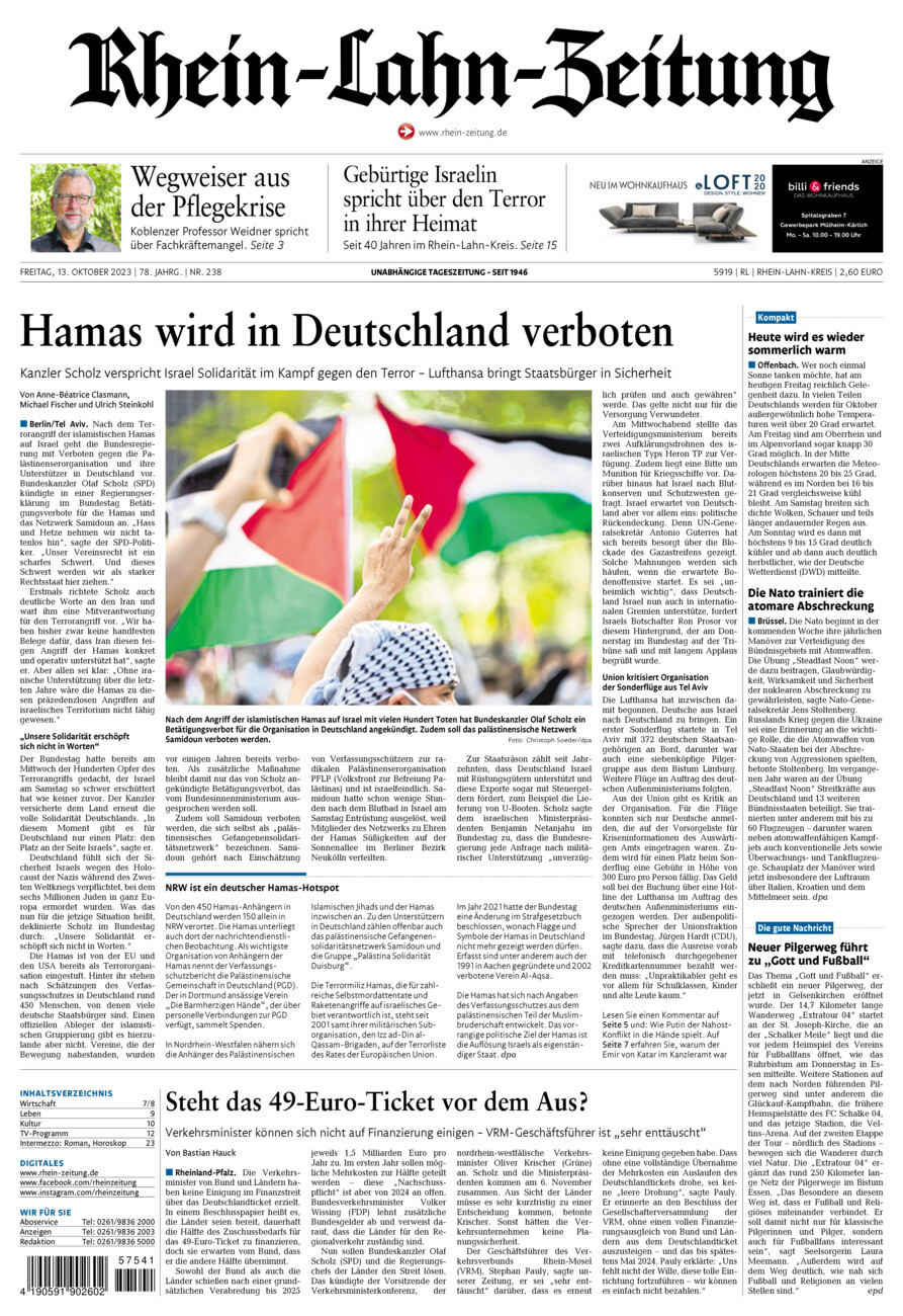 Rhein-Lahn-Zeitung vom Freitag, 13.10.2023