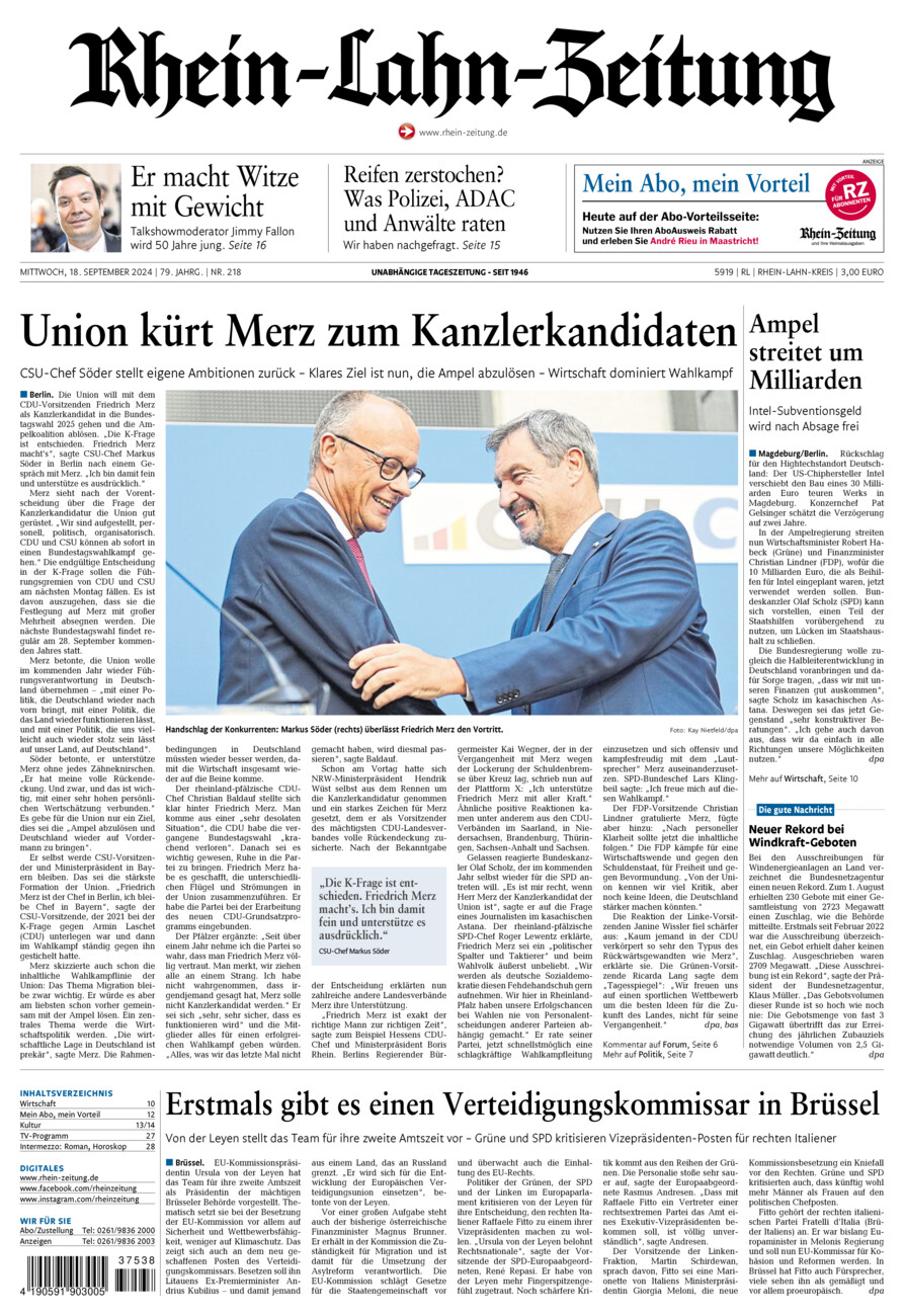 Rhein-Lahn-Zeitung vom Mittwoch, 18.09.2024