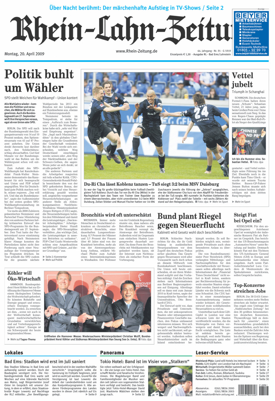 Rhein-Lahn-Zeitung vom Montag, 20.04.2009