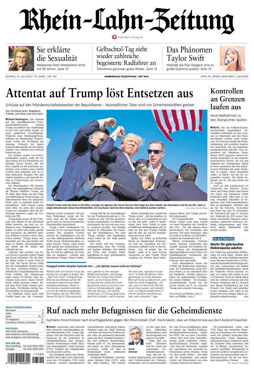 Rhein-Lahn-Zeitung vom Montag, 15.07.2024